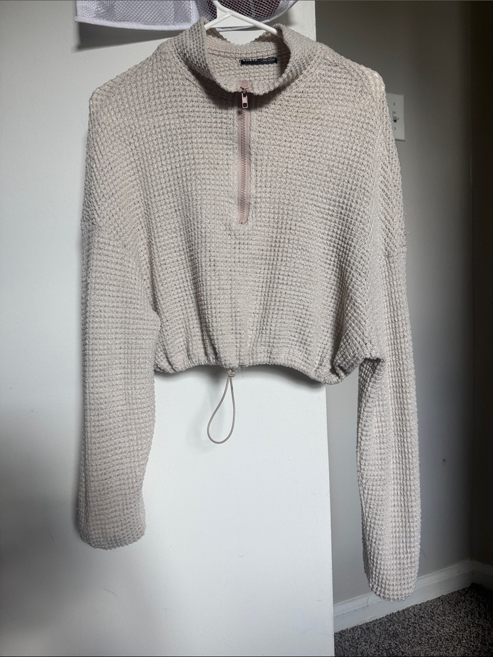 SHEIN Beige Waffle Knit Half-Zip Cropped Pullover